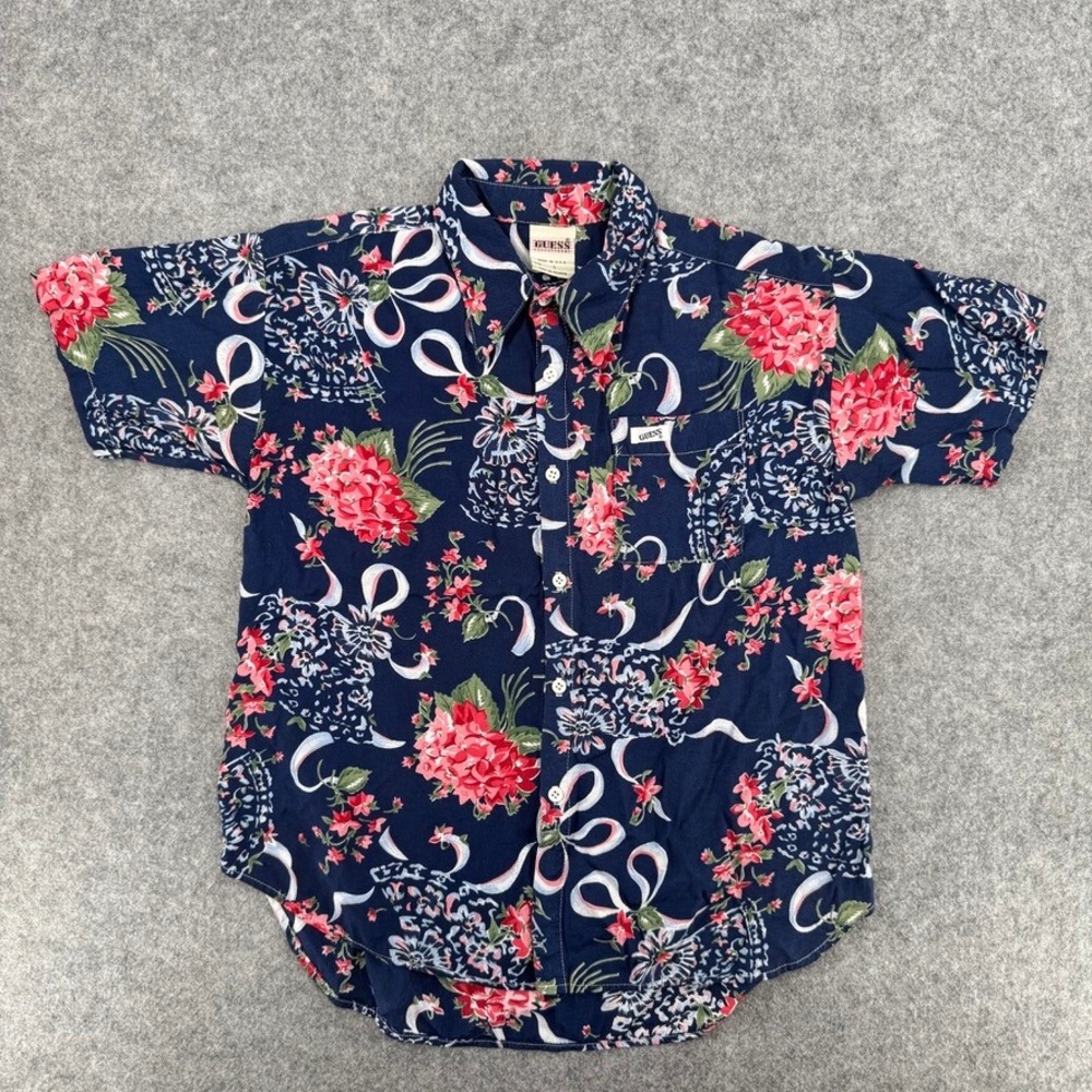 VTG 80s Guess Shirt Womens S Navy Blue Floral Rayon Short Sleeve Button Down